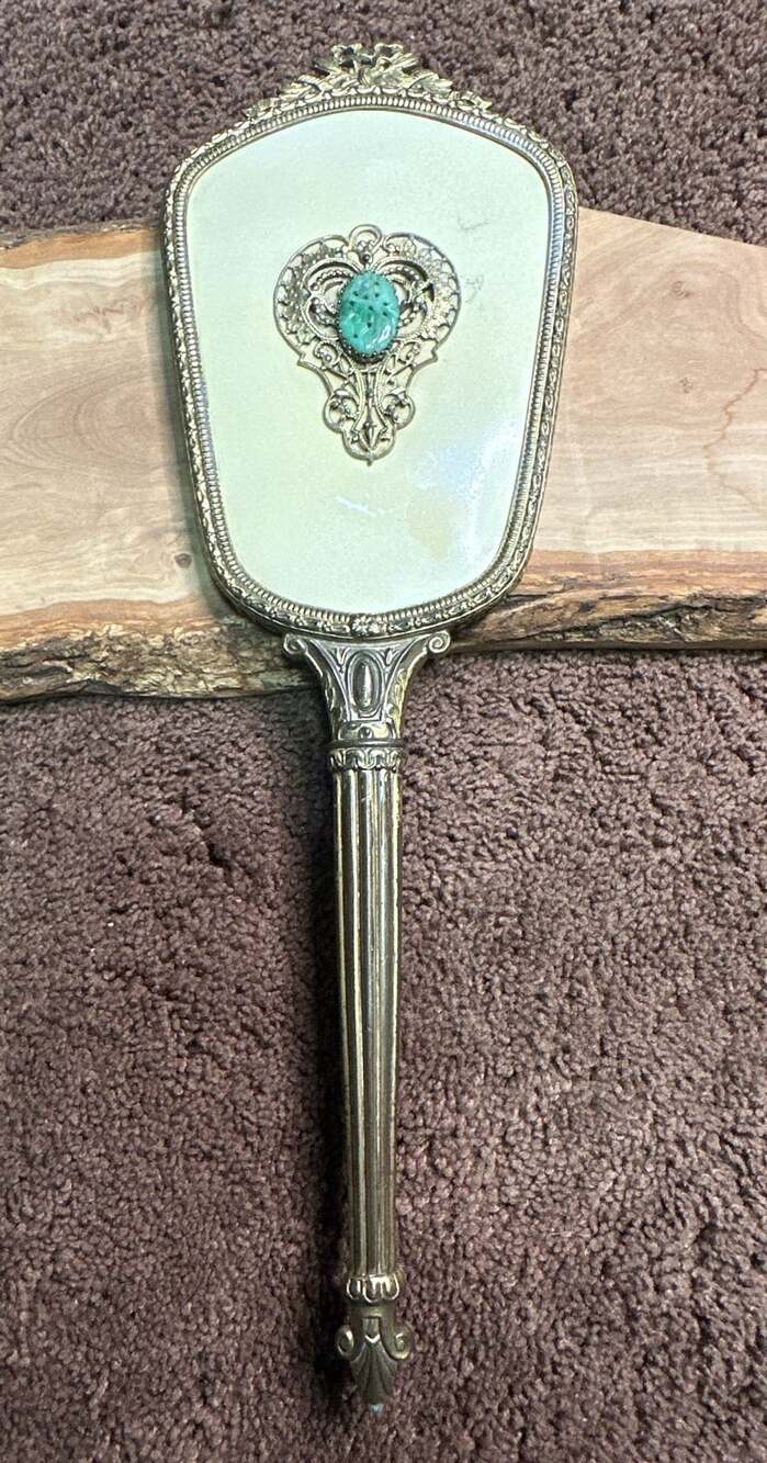 Vintage Brass Ornate Vanity Hand Mirror With Carved Jade Insert